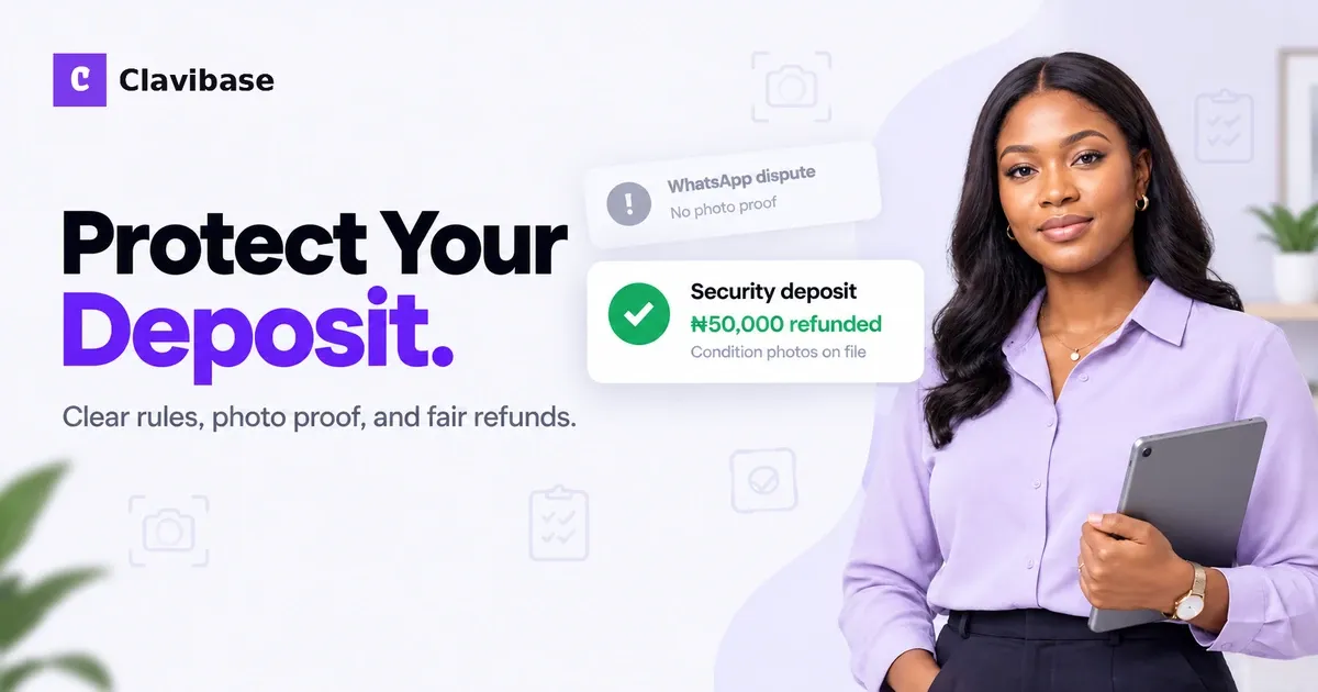 Nigerian shortlet host beside a refunded deposit card and a documented damage claim card on a Clavibase-style cover