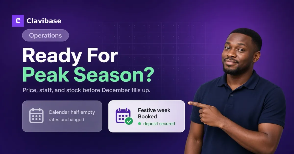 Confident Nigerian shortlet host beside a peak-season calendar card and a confirmed festive booking status