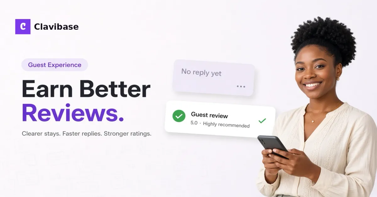Confident Nigerian shortlet host beside floating review cards showing a five-star rating and a guest thank-you message