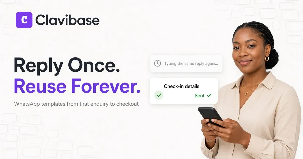 Nigerian shortlet host holding a phone beside a WhatsApp template card and a check-in details card on a light Clavibase cover