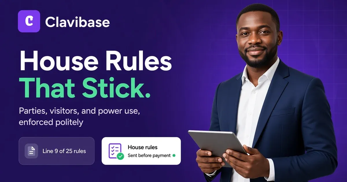 Nigerian shortlet host holding a tablet beside a house rules card marked sent before payment on a deep purple Clavibase cover