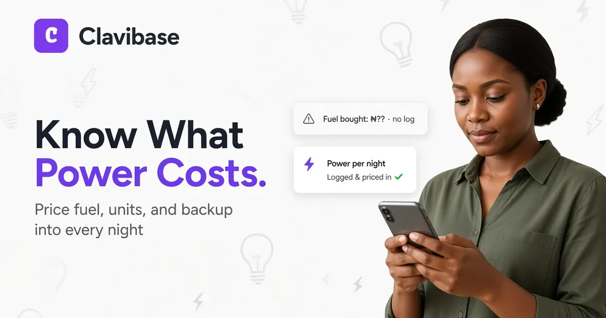 Nigerian shortlet host holding a phone beside a fuel log card and a power-per-night cost card on a light Clavibase cover